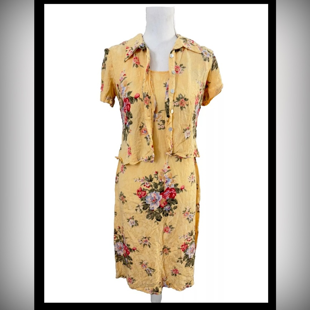 K Petite Vintage 90s Yellow Flower Sundress Jacket 2 Piece Size 8P